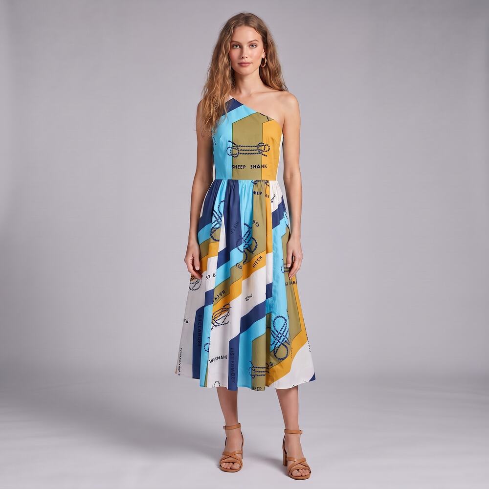 J.Crew Ratti Sail Away One Shoulder Midi Dress Cotton Poplin Nautical Pockets 2